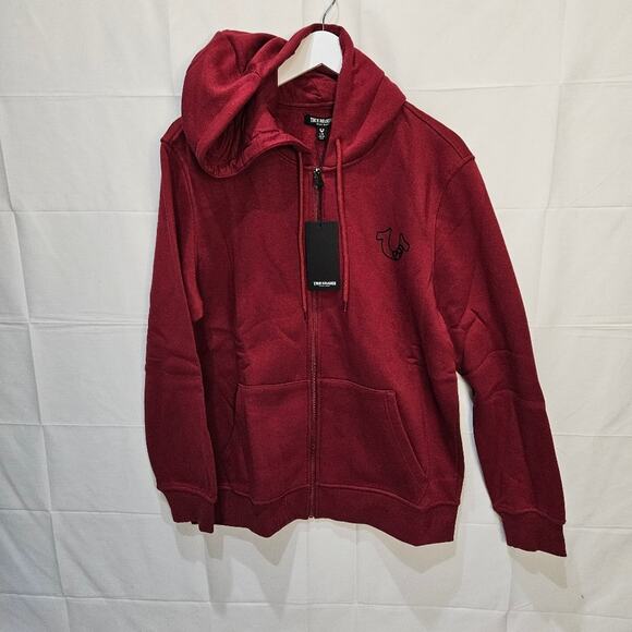 True Religion Hoodie Red Dahlia Multi Logo Zip Up Large - Picture 2 of 6
